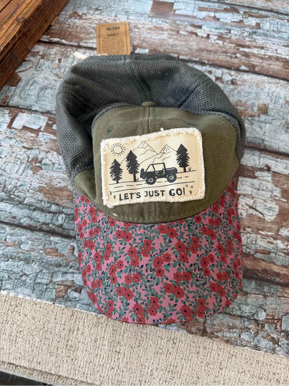 Natural Life Olive Green and Floral 'Let's Just Go' Cap